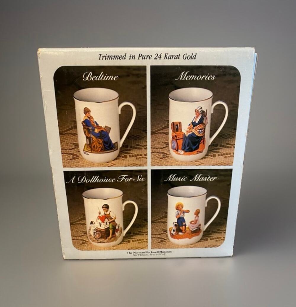 Norman Rockwell Museum Collector Mug Set 24K Gold 4pc Boxed Vintage NIB